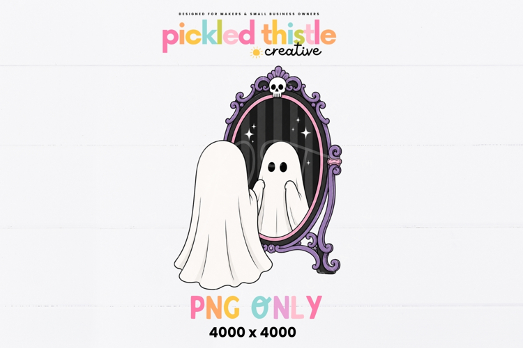 Ghost reflection clipart featuring a cute ghost and ornate mirror with purple gothic details, black striped background, and subtle sparkles.