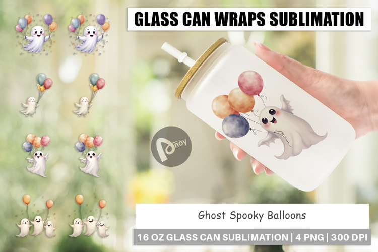 Glass Can Watercolor Ghost Spooky Balloons