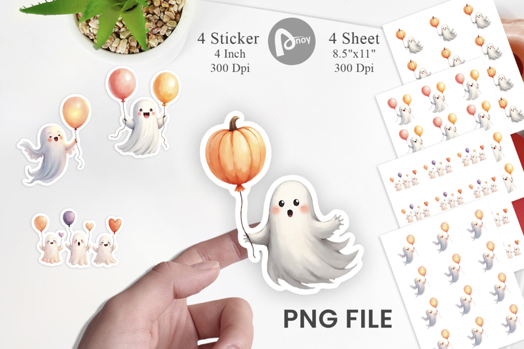 Sticker Watercolor Ghost Spooky Balloons