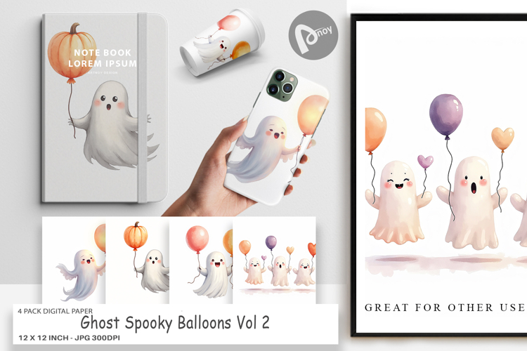 Digital Paper Watercolor Ghost Spooky Balloons