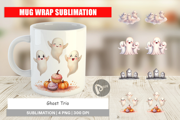 Mug Wrap Watercolor Ghost Trio