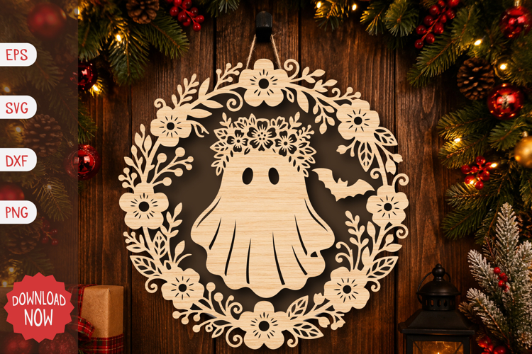 Ghost with Flower Crown and Bat SVG
