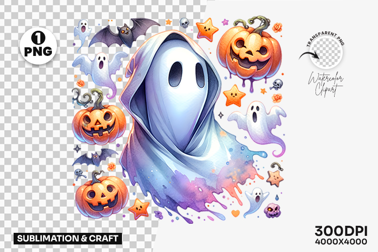 Halloween Pastel Ghost with Pumpkins Clipart Sublimation PNG