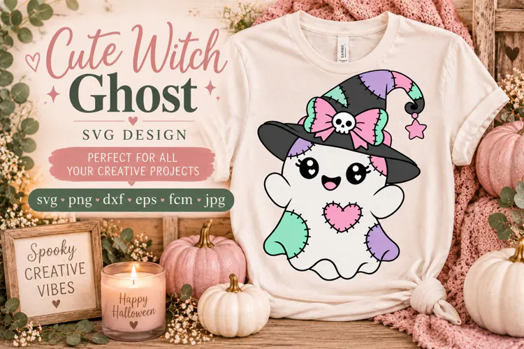Cute Witch Ghost SVG, Patchwork Halloween Ghost Cut File