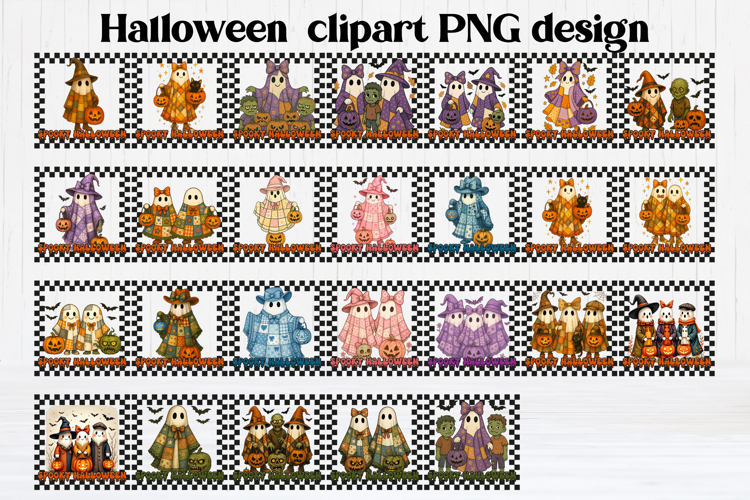 Halloween patchwork ghost pumpkin clipart PNG bundle