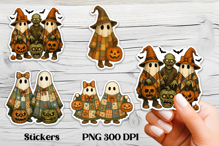 Cute Halloween patchwork ghost stickers printable PNG