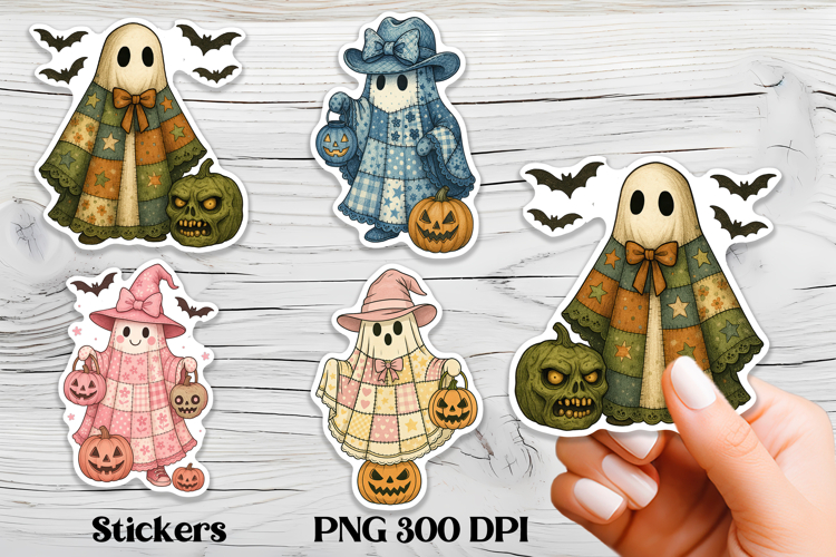 Cute Halloween patchwork ghost stickers printable PNG