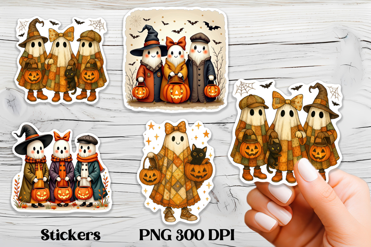 Cute Halloween patchwork ghost stickers printable PNG