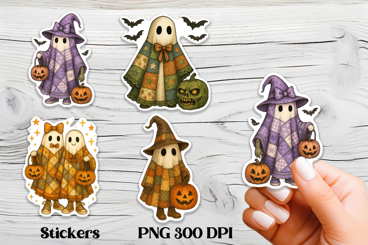 Patchwork pumpkin stickers | Halloween ghost sticker PNG