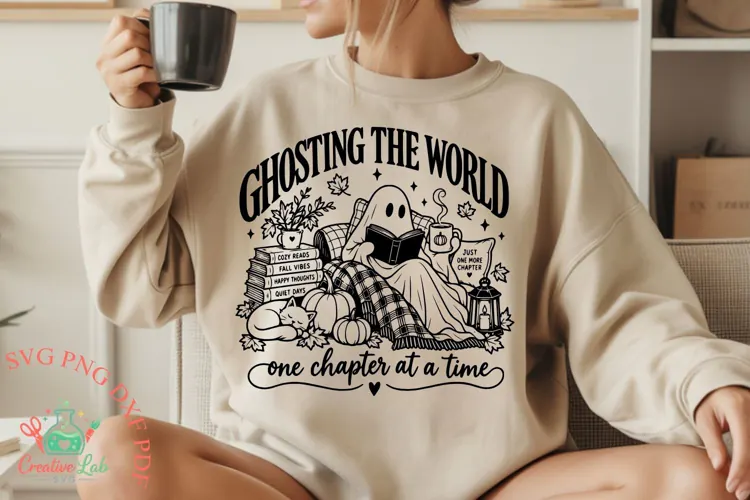 Ghosting The World SVG, PNG, Trendy Ghost Reading Design
