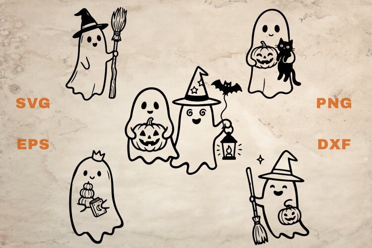 Ghosts with cat and pumpkins SVG example image 1