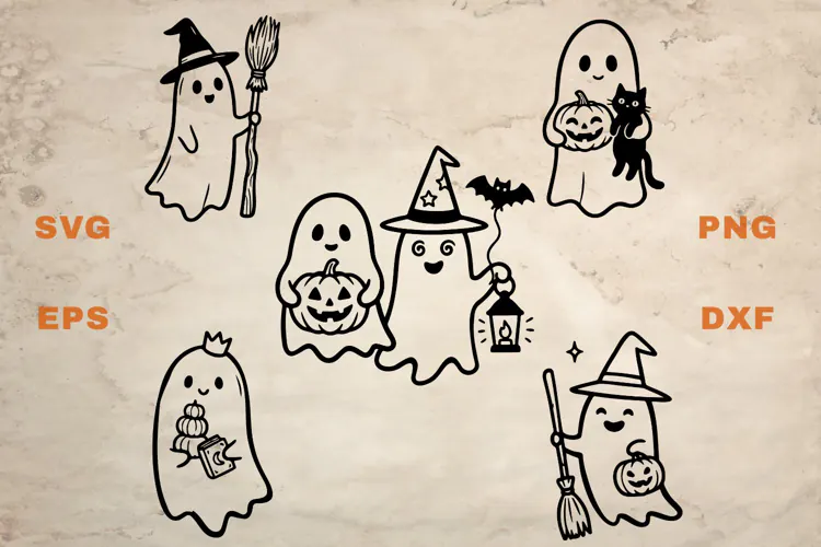 Ghosts with cat and pumpkins SVG