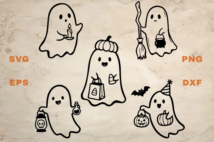 Ghosts with Candles, Lanterns and Brooms SVG
