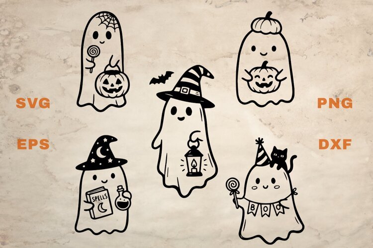 Cute Ghosts with pumpkins and witch hat SVG example image 1