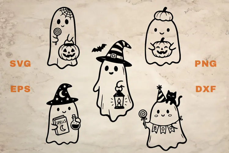 Cute Ghosts with pumpkins and witch hat SVG