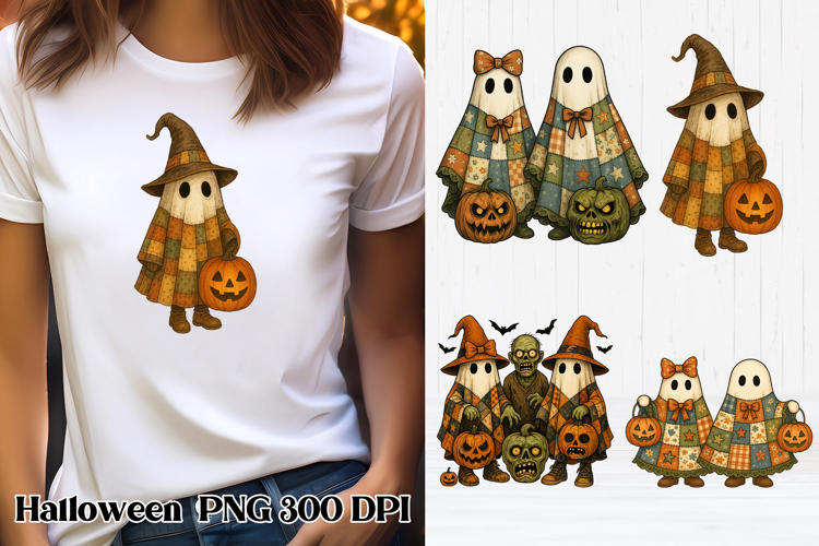 Halloween patchwork ghost pumpkin clipart PNG design