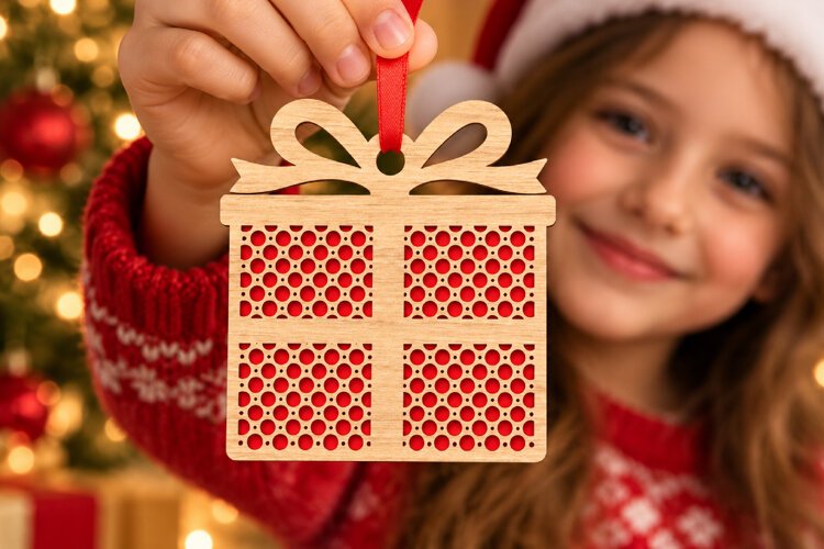 Gift Box Bauble Laser Cut Wood File, Christmas Ornament SVG example image 1