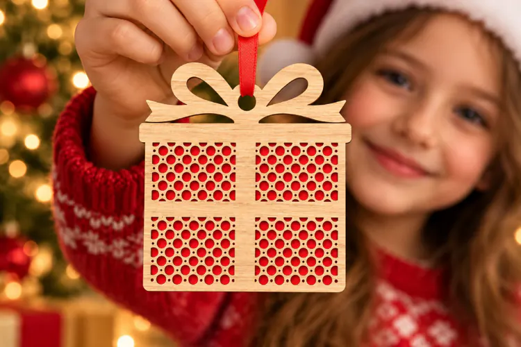Gift Box Bauble Laser Cut Wood File, Christmas Ornament SVG