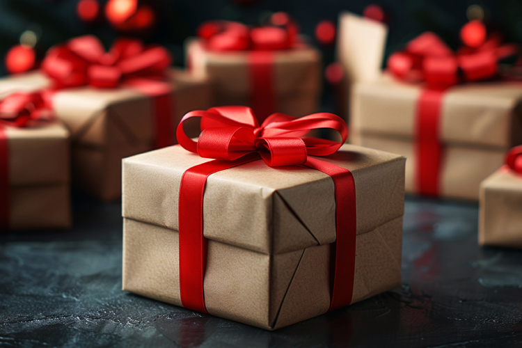 Group of gift boxes with red ribbon on dark background