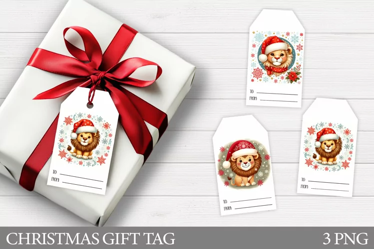 Christmas Animals Gift Tag. Christmas Lion Gift Tag Design