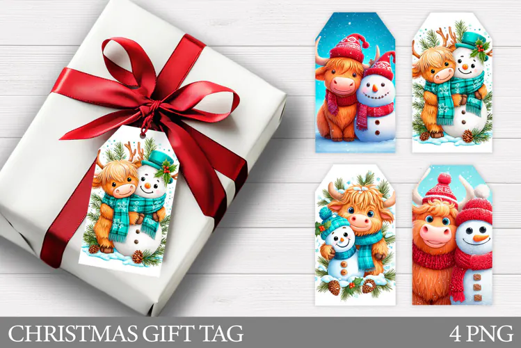 Christmas Cow Gift Tag Design. Snowman Gift Tag Printable