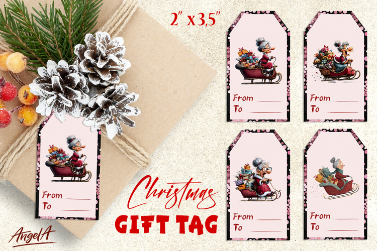 Christmas gift tags, funny elderly old lady Santa's sleigh