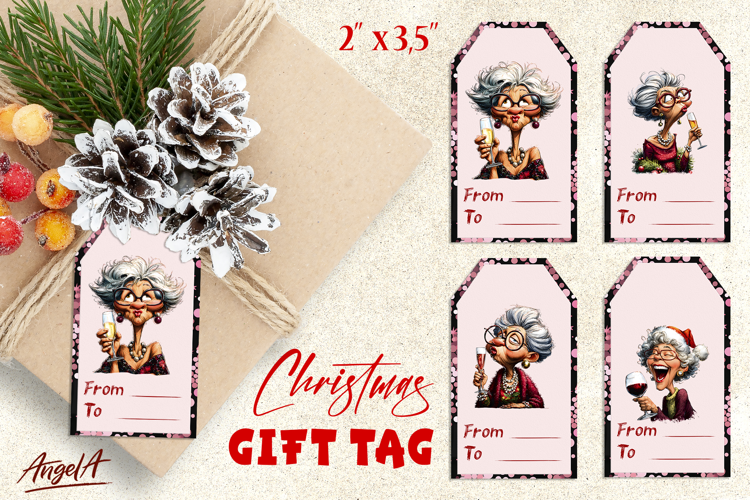 Christmas gift tags, funny elderly old lady with wine glass