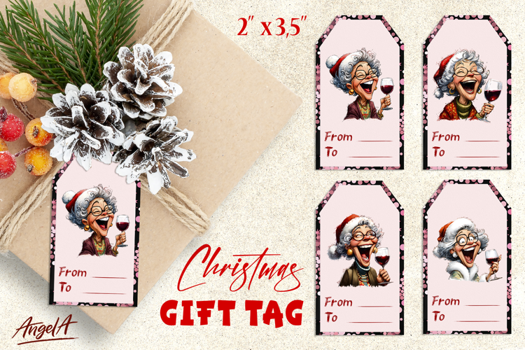 Christmas gift tags, laughing elderly old lady with wine