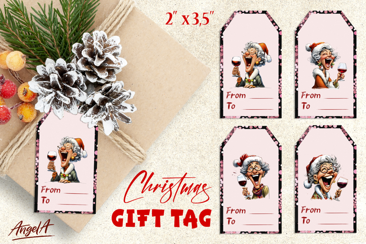 Printable Christmas gift tags, laughing elderly old lady PNG