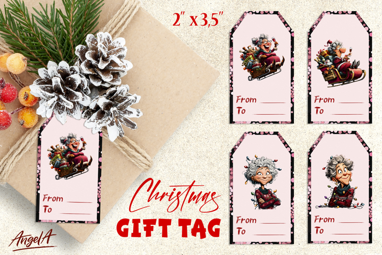 Printable Christmas gift tags, funny elderly old lady PNG