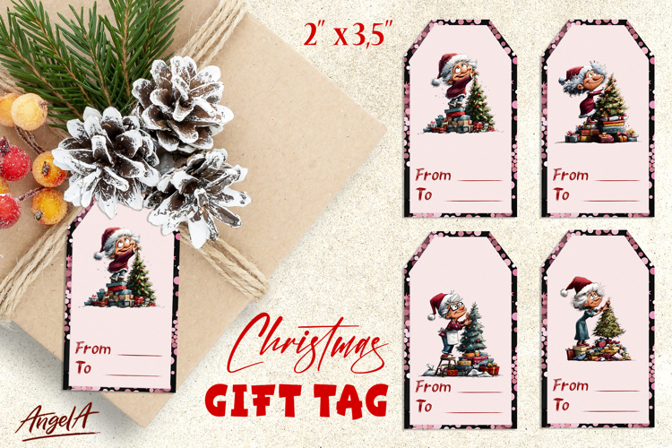 Printable Christmas gift tags, elderly old lady decorating