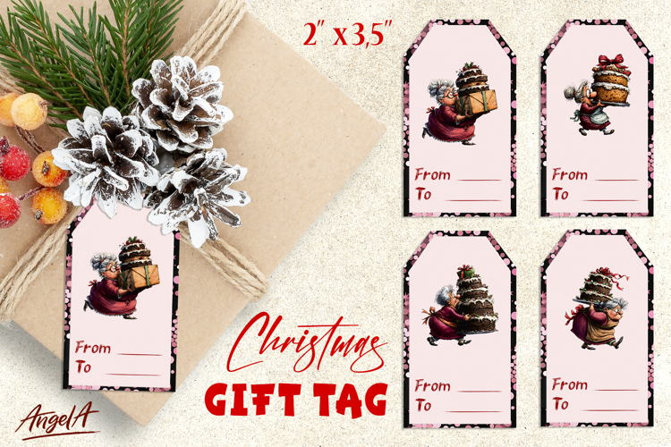 Printable Christmas gift tags, elderly old lady with cake