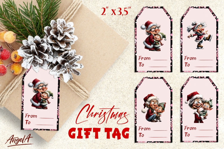 Printable Christmas gift tags, elderly lady Santa hat Elf