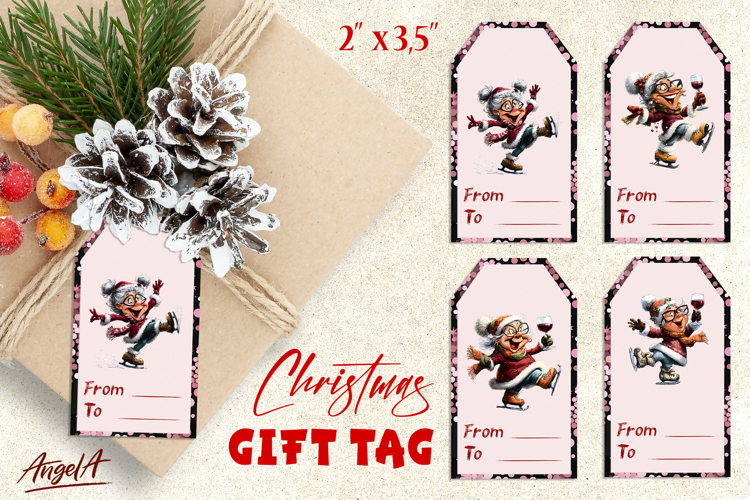Christmas gift tags, elderly lady drinking wine ice skating