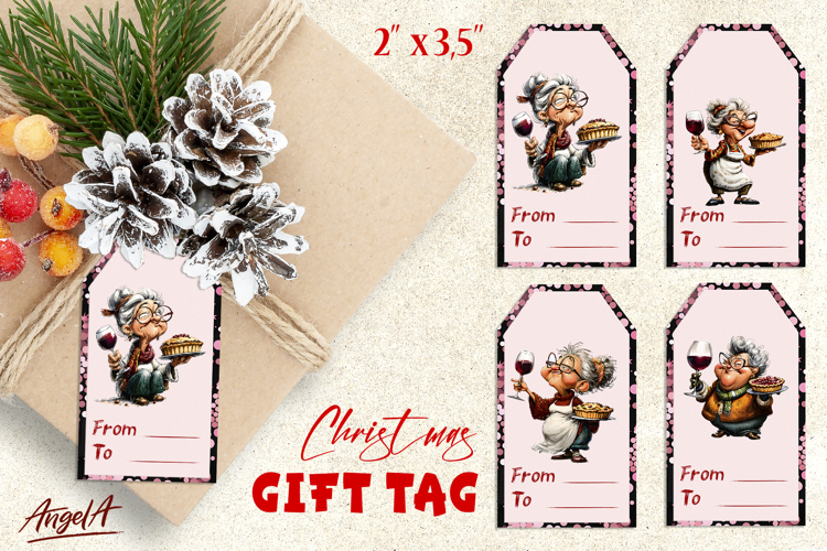 Christmas gift tags, funny elderly old lady with apple pie