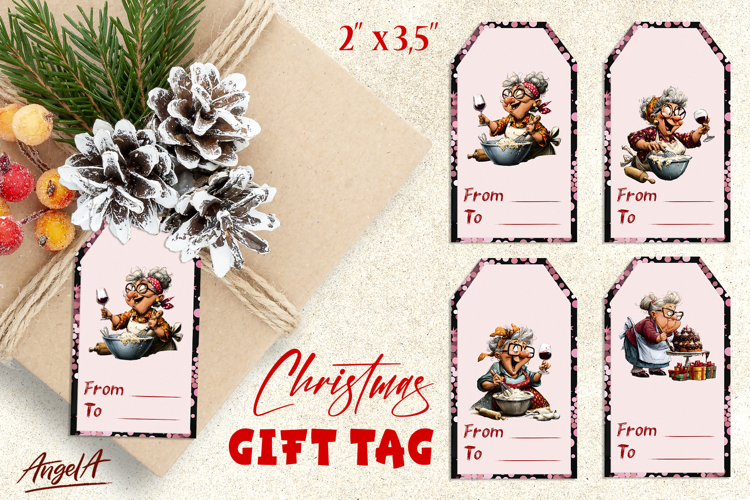 Christmas gift tags, elderly lady drinking wine cooking pie