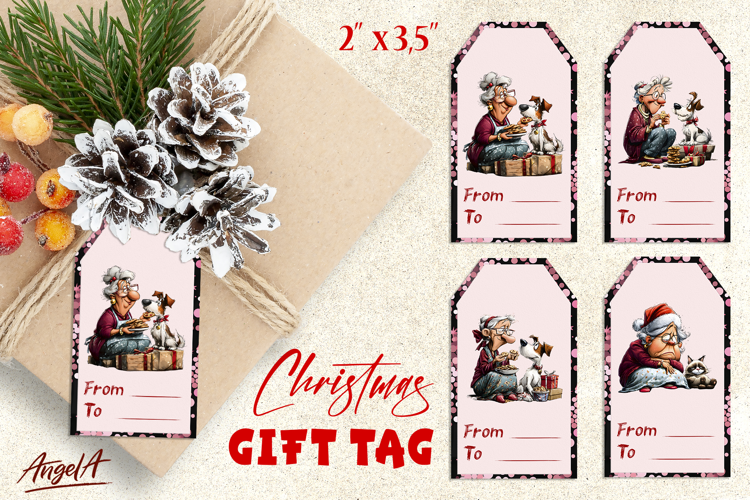 Christmas gift tags, funny elderly lady gift labels Dog Cat