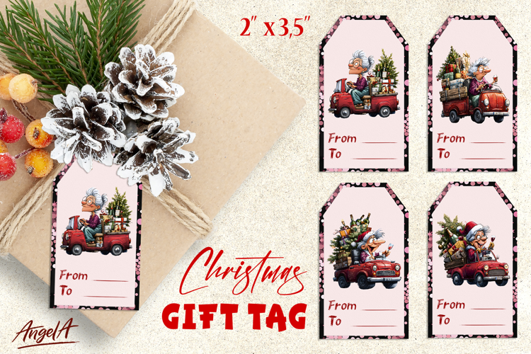 Christmas gift tags, funny elderly lady gift label Red truck