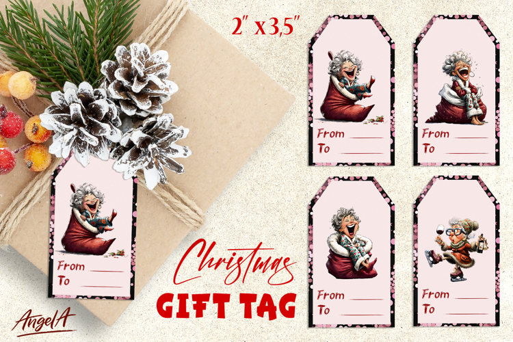 Christmas gift tags, funny laughing elderly lady gift label