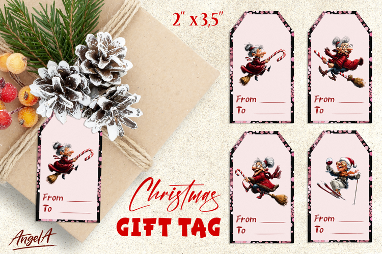 Christmas gift tags, witch elderly lady gift label Candy PNG