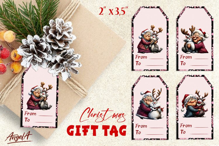 Christmas gift tags, funny elderly old lady in Santa hat PNG