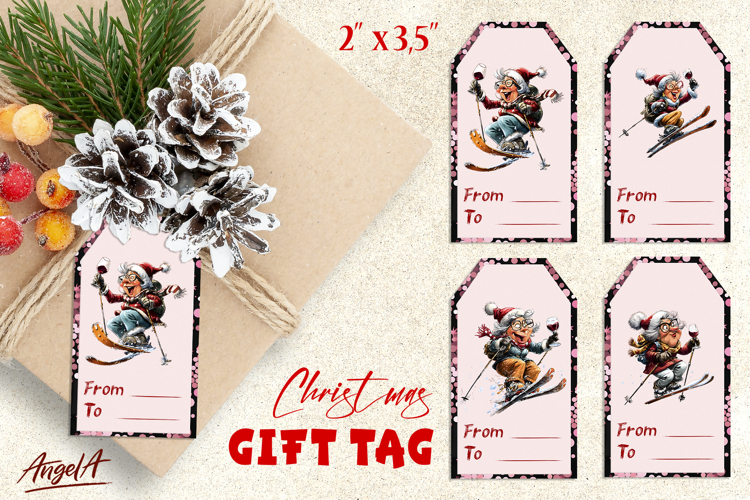 Christmas gift tags, elderly old lady skiing Humor adult