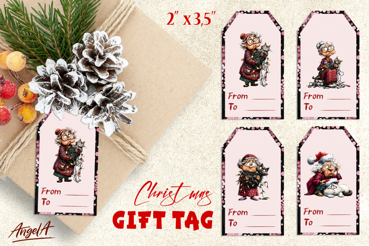 Christmas gift tags, sad old lady with lights and cat