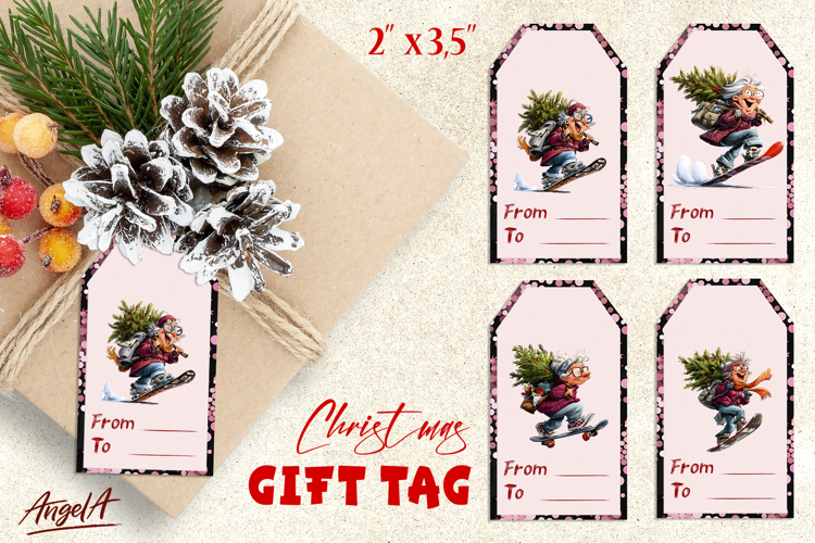 Christmas gift tags, happy smiling old lady skateboarding