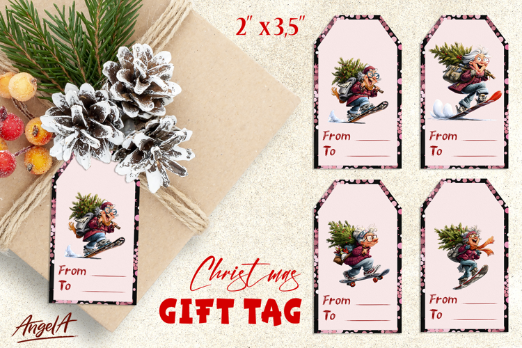 Christmas gift tags, happy smiling old lady skateboarding