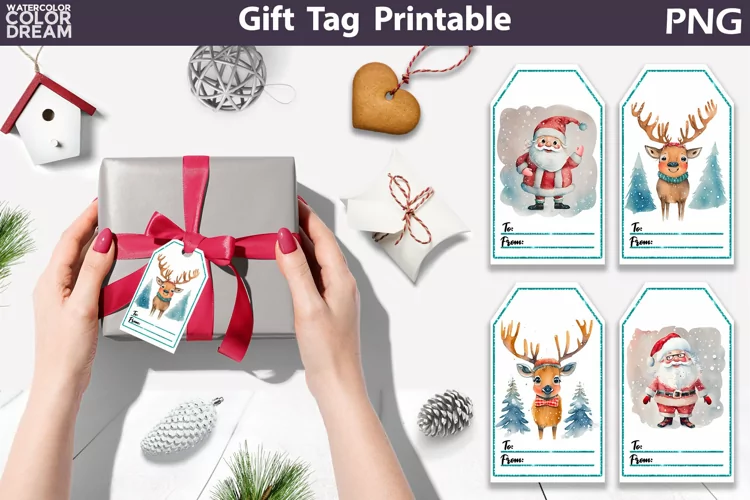 Christmas Gift Tags | Watercolor Santa Deer Gift Tag