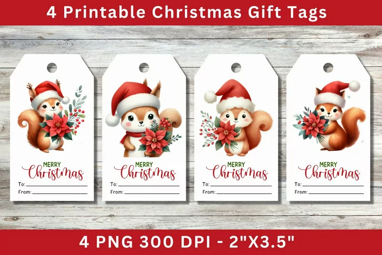 Christmas Gift Tags, squirrel wearing santa hat