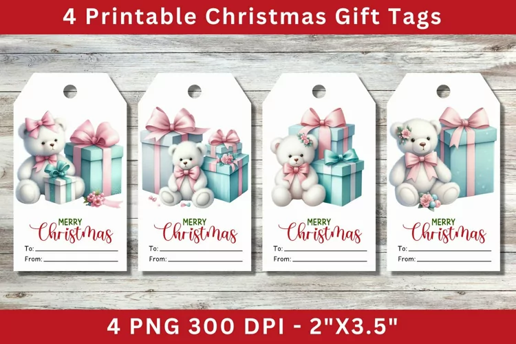 Christmas Gift Tags, teddy bear with wrapped gifts