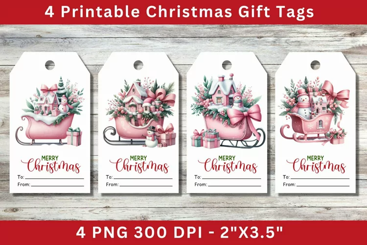 Christmas Gift Tags, pink floral sleigh