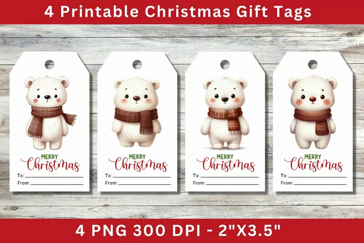 Christmas Gift Tags, baby bear wearing scarf